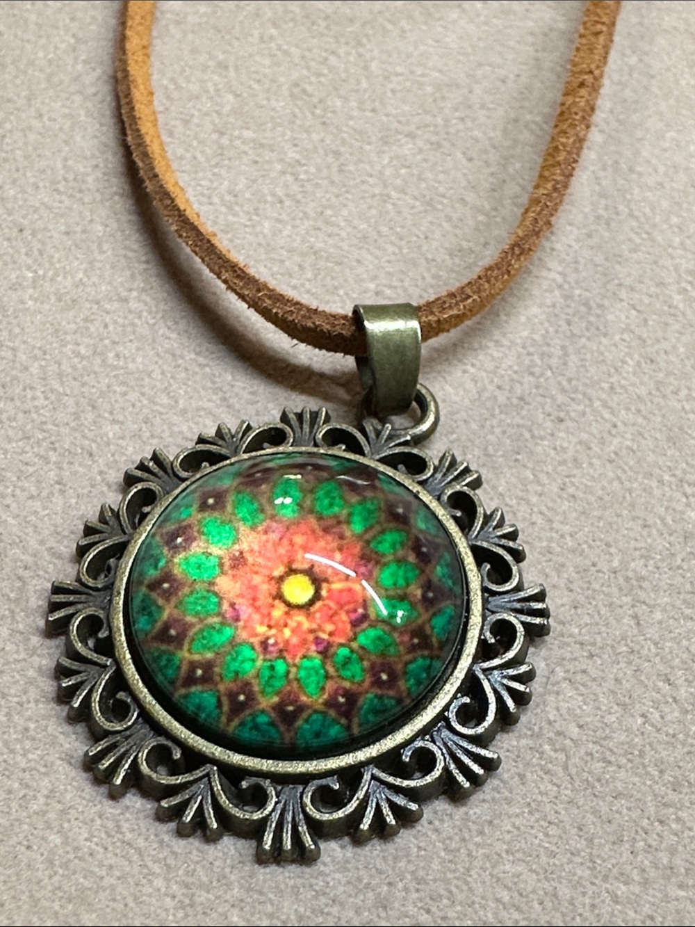 Vintage Style Pendant Necklace Orange Flower, Green Leaves boho hippie